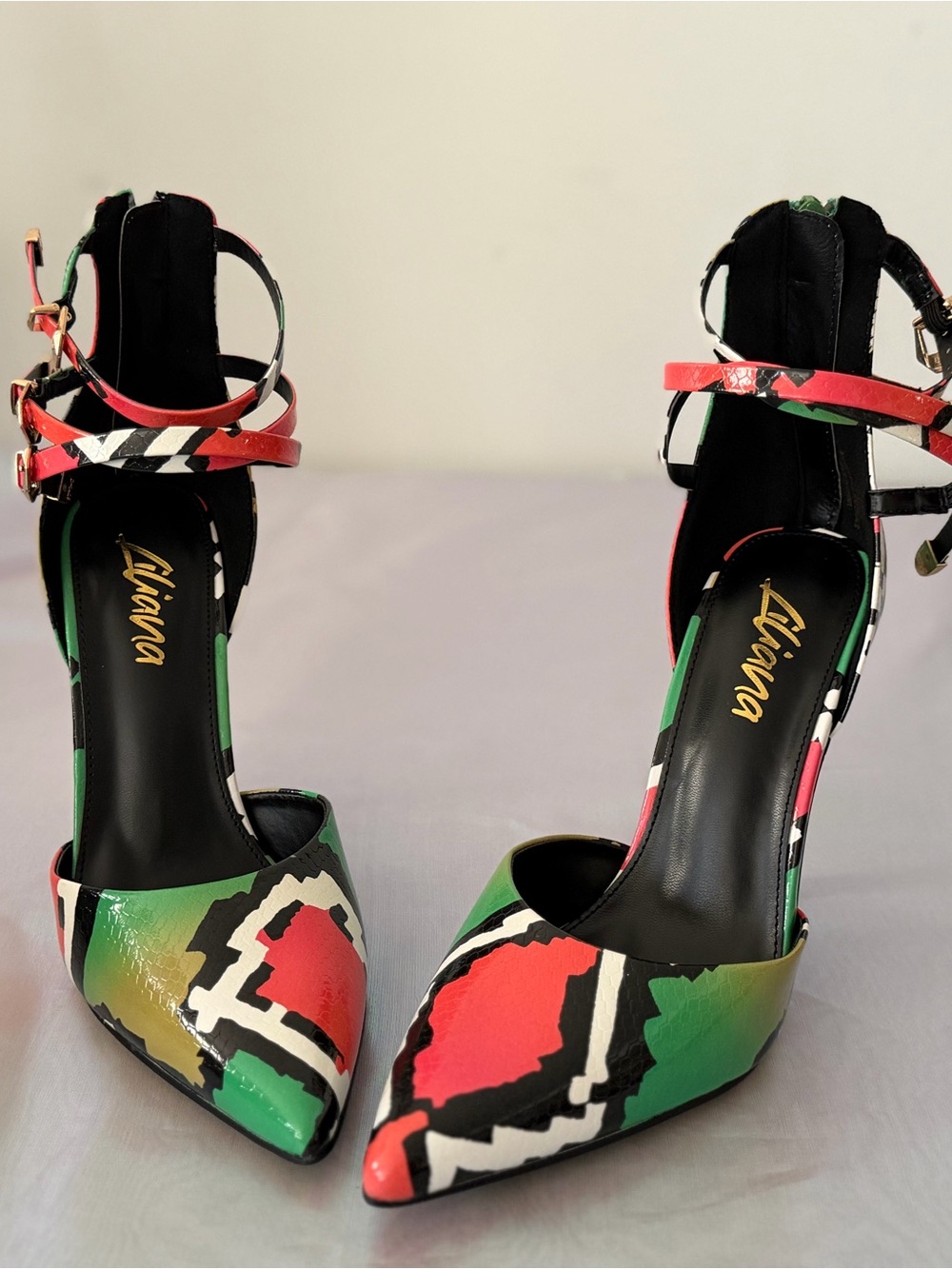 Liliana Red Green Black Pointed Ankle-Strap Heels